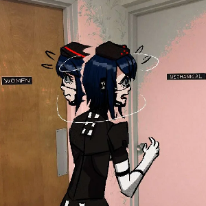 a drawing of a robot girl frantically looking between two rooms, one (a bathroom) is labeled 'women' the other is labeled 'mechanical'